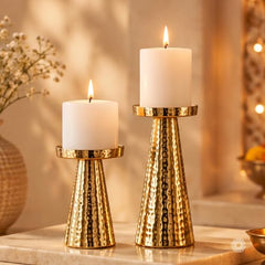 Behoma Handcrafted Golden Tea Light Candle Holders Set of 2 | Premium Metal & Glass Candle Stand | Centerpiece for Living Room, Coffee Tables & Home Decor Gift (Candles Not Included)