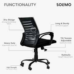 Amazon Brand - Solimo Worklo Mid Back Office Chair for Work from Home | Study | Revolving | Computer (Heavy Duty Powder Coated Metal Base, Stylish Black Mesh)
