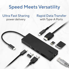 ASUS DC210 8-in-1 USB-C Dock, with 4K@60Hz HDMI 2.1, 100W PD, Gigabit Ethernet, USB-A & USB-C Ports, SD/MicroSD Reader, Braided Cable, – for All Type C Devices- MacBook,Laptop, Black, 2 Year Warranty
