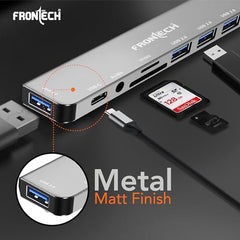 Frontech 8-in-1 Multi-Port Expansion Hub, Dual Input (USB-C & USB), High-Speed Data Transfer, Metal Matt Finish, Backed with 1 Year Warranty (NC-0058)