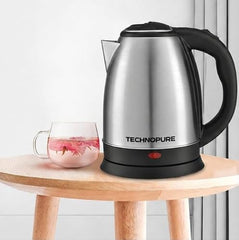 Technopure 1.8L Electric Kettle | 1500 Watt Fast Boiling Stainless Steel Water Boiler | Auto Cut Off | Dry Boil Protection | Cordless 360° Base | Tea, Coffee & Noodles Maker | Silver & Black (TP-010)
