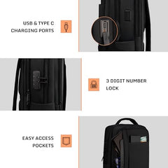 F Gear Alpha Black 25L Tech Laptop Backpack, USB & Lock, Fits 17-inch