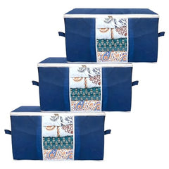 Kuber Industries Leheriya Design Underbed Storage Bag, Storage Organiser, Blanket Cover Set Of 3 (Royal Blue, Non-Woven), 65 x 47 x 33 Centimeters