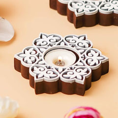 eCraftIndia Wooden Floral Printing Block Decorative Tea Light Candle Holders (Set of 12, Green White) Diwali Christmas Decorations Items for Home Office Christmas Gifts for Women Men Family Friend