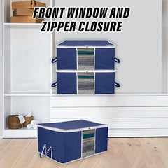Kuber Industries Non-Woven Underbed Storage Bag|Clothes Storage Organizer|Blanket Cover With Clear Window|Zipper Closure&Handle Cloth Organizer|Plain White Border|Large|Pack Of 6|Royal Blue,32Cm,48Cm
