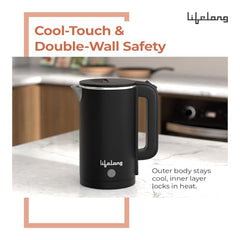 Lifelong Electric Kettle 1.5 litre | 1500W Stainless Steel Kettle with Double Wall & Cool Touch Body | Multipurpose Electric Kettle | 360° Swivel Base, Auto Shut Off & Overheat Protection (Black)