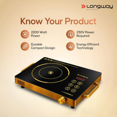 Longway Infralite Pro 2200W Infrared Hot Plate Cooktop with Steel Grill Rack, Crystal Glass Top, Touch Panel & Digital Display, 4 Preset Modes – Stir Fry, BBQ, Hot Pot & Steam, Black