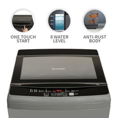 SHARP 7.5 kg Fully Automatic Top Load Washing Machine with Toughened Glass I JAPAN QUALITY I Hot & Cold Water Dual Inlet, Soft Close, Add Laundry I 10 Wash Mode I SS Pulsator I ES-T75N-GY I Inox Grey