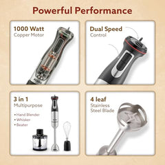 AGARO Grand 1000 Watts Hand Blender With Chopper, Jar & Whisker, 2 Variable Speed Modes & Speed Regulator, Stainless Steel Blades(Black)