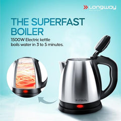 Longway Kestro 2 Ltr Electric Kettle with Water Bottle Combo | Automatic Shut-Off | Durable Stainless Steel Body For Boiling | 2 Years Warranty (2, litres)