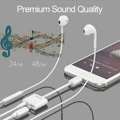 Sounce 2-in-1 8 Pin to 3.5mm Audio & Charging Splitter – Dual Port Adapter Cable for Music, Power, Headsets, Speakers & More – White