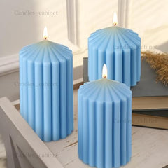 CANDLE CABINETS Ribbed Pillar Candle Set of 3 – 3.2x2 Inch Soy Wax Scented Candles – Minimalist Ribbed Texture for Aesthetic Home Decor & Romantic Gifting (Light Blue)