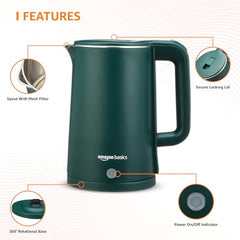 amazon basics 1.5 Liter Cool Touch Electric Kettle| 1350 Watt|Stainless Steel Body|Auto Cut-Off|Triple Safety Protection(Green)