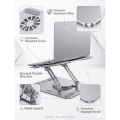 COOLCOLD Laptop Stand with Detachable Magnetic Dual Cooling Fans, 360° Rotating Base, Adjustable Height & Angle, Foldable Ergonomic Holder for Up to 14 Inch Laptops, MacBook, HP, Dell, Lenovo, Grey