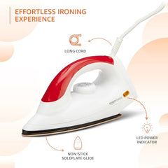 amazon basics 1000 Watts Dry Iron with Non-Stick Soleplate | Stainless Steel Base | Ergonomic | Red and White