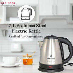 SINGER Cutie DX Electric Kettle 1350 Watts | 2 Years Warranty | 1.5 Liters | Quick Boil | Stainless Steel | Cool-Touch Handle and Lid | Auto Shut Off | Tea & Coffee, Instant Noodles, Rice, Soups