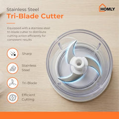 HOMLY Chopzo Mini Vegetable Chopper 250ml, 30W Rechargeable Electric Chopper with Stainless Steel Tri-Blade Cutter, USB Charging, Compact Chopper for Onion, Garlic & Vegetables