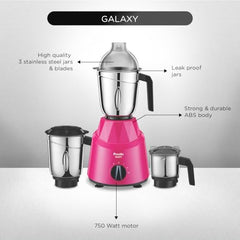 Preethi Galaxy MG225 Mixer Grinder, 750 watt, 3 Jars, Pink/Black (3 Jar)