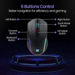 Portronics Toad One Bluetooth Mouse with 2.4 GHz & BT 5.3 Dual Wireless, 6 Buttons, Rechargeable, RGB Lights, Connect 3 Devices, Ergonomic Design for Laptop, Smartphone, Tablet (Black)
