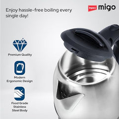 Impex Migo Stainless Steel Electric Kettle 1.8 Litre 1500 Watts Fast Boiling Portable Electric Kettle | Power Indicator | Dry Run Protection | Auto Cut off | 360 Degree Rotatable | 1 Year Warranty