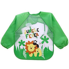 MOMISY Waterproof Smock Painting Apron for Kids Full Sleeve Feeding Bib for Babies Cartoon Animal Art for Infants Toddler Boys Girls (Red Happy-Green Jungle)-Set of 2