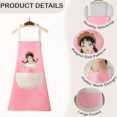 MOMISY Waterproof Kitchen Apron, Cooking Apron with Large Front Pocket, Cute Girl Print Design (Pink OffWhite)