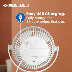 Bajaj Pygmy Mini Fan 110MM | USB Charging | Multi-Clip Function | Rechargeable | 4-Hr Back-up | Silent Operation | Longer Battery Life | Energy Efficient | Portable【White】