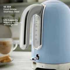 Tower Electric Kettle 1.7L Metal Body Auto Shut-Off 360° Base Blue | 1.7L capacity, 1350W rapid boil, full metal body, auto shut-off and boil-dry protection, 360-degree swivel power base