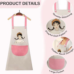 MOMISY Waterproof Kitchen Apron, Cooking Apron with Large Front Pocket, Cute Girl Print Design (OffWhite Pink)