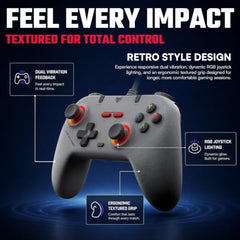 EvoFox Elite S Advanced Wired Gaming Controller for PC, 1000Hz Polling Rate, Hall Effect Joysticks, Programmable Macro Buttons, Sniper Mode & Turbo Mode, Dual Vibration, RGB Lighting, 1.8m Cable, Grey