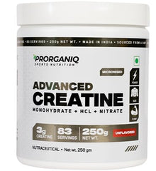 Prorganiq Advanced Creatine Monohydrate + HCL + Nitrate | 3-in-1 Formula | Micronized Powder for Men & Women (250 Grams, Unflavoured)