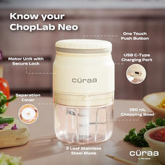 CΓRAA Chopper Electric for Kitchen | ChopLab Neo USB Vegetable Chopper for Kitchen Use by Chef Sanjyot Keer | Rechargeable Chopper with Stainless Steel Blades, 250ml, Beige