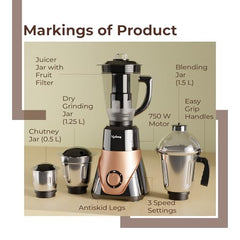 Lifelong 750 Watt Mixer Grinder for Kitchen | 4 Jars 750 Watt Mixie with Chutney Jar,Jar for Shakes,Wet Grinding and Juicer |Blender for Juices & Shakes| 1 Year Warranty with Pan India Service