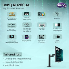 BenQ RD280UA 28.2” 4K+ 3840x2560 3:2 Special Ratio Programming Monitor with Ergo-Arm and Backlight | 90W USB Type-C| Advanced Coding Mode|Nano Matte Panel|Night Hours Protection