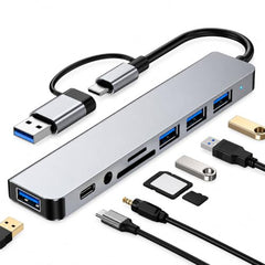 PESOMA USB C Hub – 8-in-1 USBC Adapter with USB, C-USB, 100W PD, USB 3.0 5Gbps Ports, SD/TF Card Reader – USB-C Dongle for Office, Meetings, Travel & Home Setup (Silver)