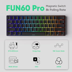 MONSGEEK FUN60 Pro Rapid Trigger Gaming Keyboard 16k Scan Rate SP Magnetic Switch HE Keyboard Wired 60% Black Shine-Through (Glare Magnetic Switch)
