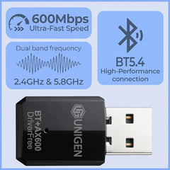 UNIGEN 600Mbps WiFi USB Adapter + Bluetooth 5.4 | 2.4GHz & 5.8GHz Wireless WiFi Dongle 5g | Compatible with Windows 7/10/11 | Compact Mini USB WiFi Receiver