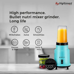 DIGISMART 500W Nutri Mixer Grinder 2 Jars 22000 RPM Motor Speed For Chutney, Juice and Shake, Fast Grinding Stainless Blade, Long Lasting Shock Proof ABS Body, 1 Years Warranty - Blue