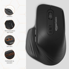 amazon basics Pro Series 650 mAh Wireless Rechargeable Ergonomic Mouse for PC, Mac, Laptop | 3 Adjustable DPI Settings Up to 1600 | Shortcut Buttons | Tri-Mode connectivity (Black)