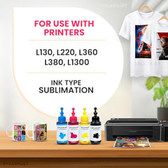 Splashjet Sublimation Ink for Epson - Heat Transfer Printing on Mugs, Mobile Cases, Polyester T-Shirts etc for use with Epson Printers - L130, L220, L360, L380, L1300 - (70gm x 4 Colour) - 501906