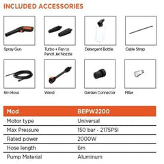 BLACK+DECKER BEPW1600 1300W 1600 PSI 110 Bar Pressure Washer for Car, Bike, Home & Garden Cleaning Use with Multiple Accessories Included, 1 Year Warranty, Orange & Black