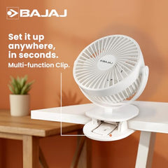 Bajaj Pygmy Mini Fan 110MM | USB Charging | Multi-Clip Function | Rechargeable | 4-Hr Back-up | Silent Operation | Longer Battery Life | Energy Efficient | Portable【White】