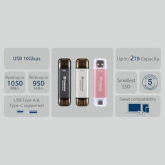 Transcend 310S 512GB USB C & USB A External Portable SSD, Up to 1,050 MB/s, 5 Yr Warranty, Silver, for iPhone 15 pro max, MacBook, Ipad, Laptop and Desktop