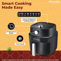 Mr. TRU Manual Air Fryer for Home | Actual 4.5 Liter | 1400 Watt | 1 Year Warranty | Uses 90% less Oil | Time & Temp Control Knobs | Glossy Black