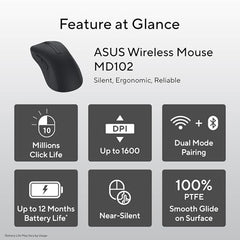 ASUS Wireless Mouse MD102 2.4GHz Mode, Ergonomic Design, Silent, Reliable, Dual Mode Connectivity, Adjustable DPI, 10 Million Click Life, White