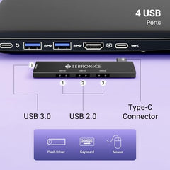 ZEBRONICS TA210U, 4 in 1 Type-C to USB Hub, USB 3.0, 4 USB Ports, Speeds Upto 5 Gbps, Metal Body, for Mac | Laptops, Black
