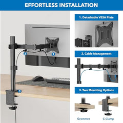 Jin Office Height Adjustable Monitor Stand Mount | Supports 13-32" Screens| 9KG Weight Capacity | Metal Black Powder Coated Single Monitors Arm Stand| Articulating Tilt and Swivel Display Desk Mount