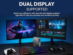SKULLSAINTS Agni Mini PC – Vibrant LCD Screen, M.2 SSD, Mini Tower with RGB Lights, WiFi 6, 4K UHD, Dual LAN for Home and Office (16+512, 13th Gen N150)