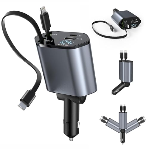 120W Retractable Car Charger, 4 in 1 Fast Charging Phone Charger, Retractable Cable (31.5") and 2 USB Ports Car Charger Adapter Compatible with iPhone 15/14/13/12 Pro