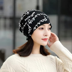 MOMISY Women Unisex Winter Beanie Hat & Neck Warmer | Knitted Multifunctional Scarf Cap with Letter Print | Warm Pullover Hat (in, Alpha, Free Size, BlackLetter)